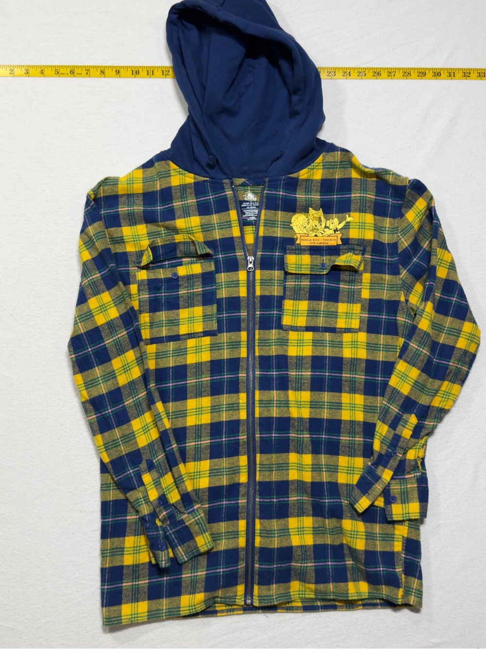 Disney the three caballeros Navy & Yellow Plaid Hooded Zip Shirt Jacket